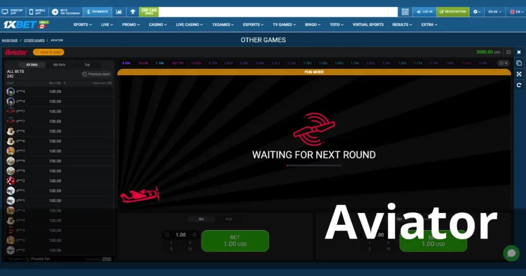 1xBetのAviatorデモ版をプレイ